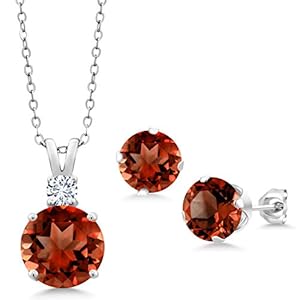 Gem Stone King 925 Sterling Silver Red Garnet and White Moissanite Pendant and Earrings Jewelry Set For Women (6.36 Cttw, Round 10MM, Gemstone January Birthstone, with 18 Inch Silver Chain)