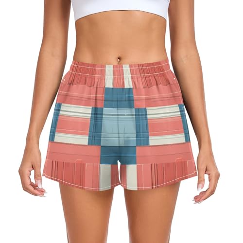 Light Red and Blue Checkered Pattern Women Athletic Shorts Ouick Dry Lady Summer Outfit for Golf Swim Bike Yoga Jog Athletic Dresses for Women with Separate Shorts L