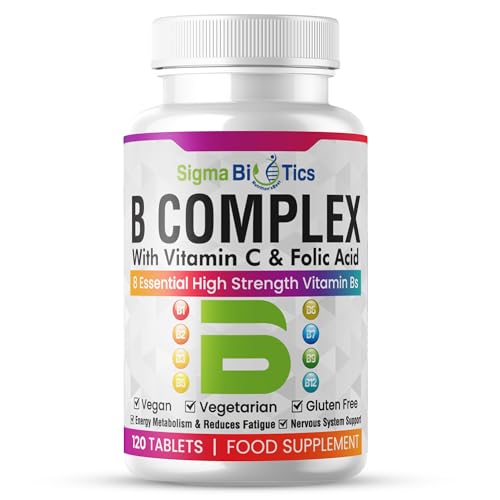 Vitamin B Complex Tablets - 8 Essential B Vitamins & Vitamin C - Folic Acid, B1, B2, B3, B5, B6 and Vitamin B12 Supplement - Vegan & Gluten Free - 120 Tablets for 4 Months Supply