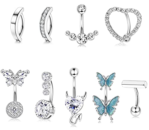 Fibo Steel 9 Pcs 14G Belly Button Rings Surgical Steel Clicker Belly Rings For Women Cz Butterfly Heart Curved Reverse Navel Rings Body Piercing Jewelry Barbell Silver-Tone #TOP11