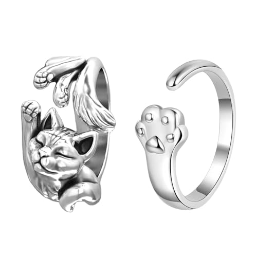 SLEEKEE Anillos Abiertos De 2 Piezas, Lindos Anillos De Pata De Gato, Anillos De Mujer, Anillos De Metal Ajustables, Anillos Personalizados Creativos, Accesorios De Joyería