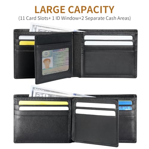 Genuine Leather Mens Wallet, RFID Blocking Bifold Wallet for Men with ID Window, 11 Credit Card Slots (Black)3