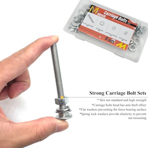 Image of 8 Sets 5 /16 inch-18 x3 Carriage Bolts Round Head Square Neck Screws with Hex Nuts Flat Washers Spring Lock Washers 304 Stainless Steel Full Thread Coverage Square Neck Bolts Assortment Kit