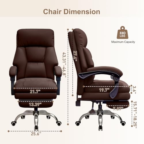 Image of Office Chair with Retractable Footrest Comfortable Executive Desk Chair, Heavy-Duty Ergonomic Leather Chair, Adjustable Height Computer Gaming Chairs for Home Office