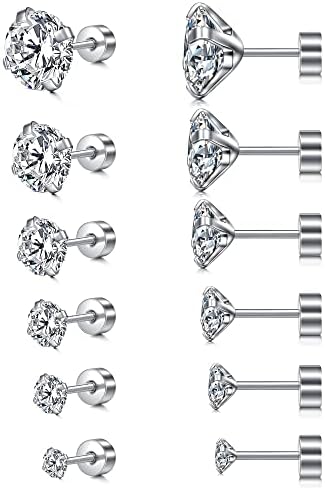 Incaton 2-6 Pairs 20G Hypoallergenic Stud Earrings for Women Men Flat Back Earrings Stainless Steel Cubic Zirconia Cartilage Tragus Screw Back Earrings Piercing 6 Pairs White 3/4/5/6/7/8mm