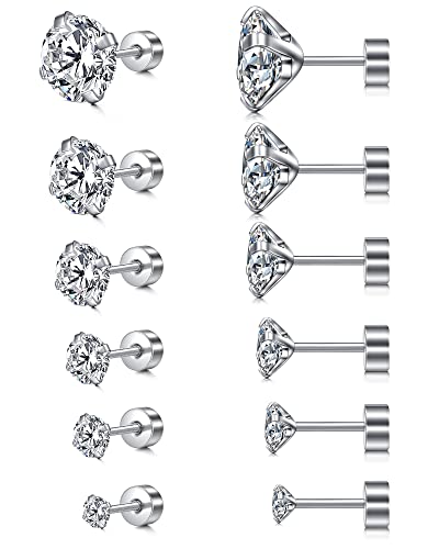 Incaton 2-6 Pairs 20G Hypoallergenic Stud Earrings For Women Men Flat Back Earrings Stainless Steel Cubic Zirconia Cartilage Tragus Screw Back Earrings Piercing 6 Pairs White 3/4/5/6/7/8Mm #TOP4
