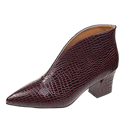 Generisch 2026 Botines Mujer Mujer Botines Chunky Heel Mid Heel Estampado de Serpiente Color Sólido Zapatos de Encaje Cómodo Slip On, Vino, 38 EU