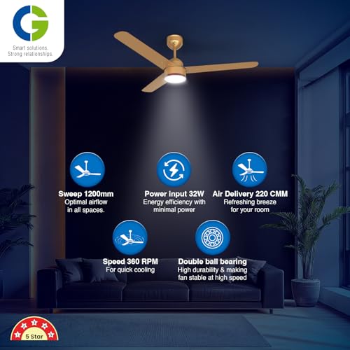Image of CG AeroSwift Prime Ceiling Fan (1200mm) | High speed BLDC Motor | 5 star rated | LED Downlight | Saves upto 60% Electricity bill | 3+2 Year Warranty |Superior Air Delivery | Metallic Gold