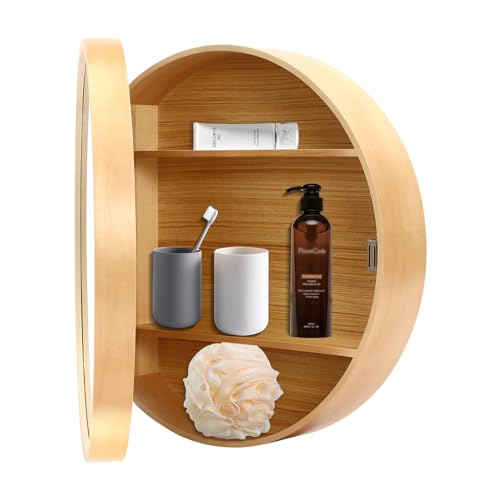 KONKENIE 2-in-1 Medicine Cabinet 19.7in Wall-Mounted Wood Mirror Cabinet Round