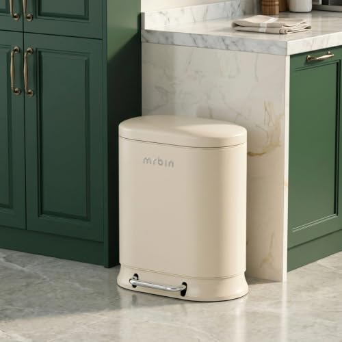 Image of MRBIN Metal Bathroom Trash Can with Lid, 20L / 5.3gal Commercial Step Waste Basket for Kitchen, Medium Toilet Garbage Pail with Stainless Steel Foot Pedal for Near Desk, Restroom, Rv, Vanity, White