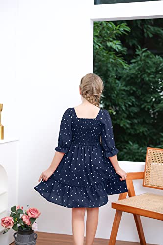 Girls Dress Sweet & Cute Puff Sleeve Square Neck Ruffle Whimsy Polka Dot Ruffle Swing Dress 5-14(11-12 Years)3