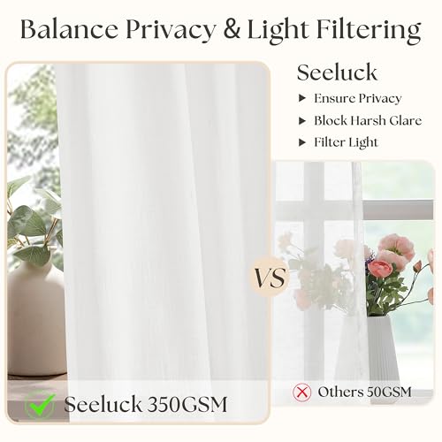 Image of Off White Pinch Pleated Semi Sheer Linen Curtains 86 Inch Long | 86 Inch Length, Ivory, Light Filtering, Privacy, Bedroom, Office, Burlap Textured, Memory Shape, Hook Rings, Boho, Modern