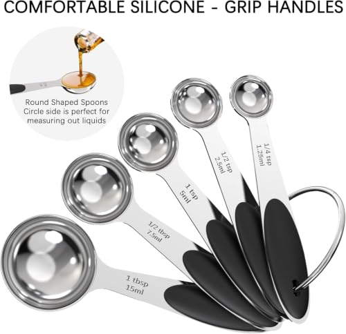 Stainless Steel Measuring Cups and Spoons Set with Silicone Handle – Nesting Design for Space-Saving, Heavy Duty & Dishwasher Safe for Dry/Liquid Ingredients, Cooking & Baking (10, Black) - image 7