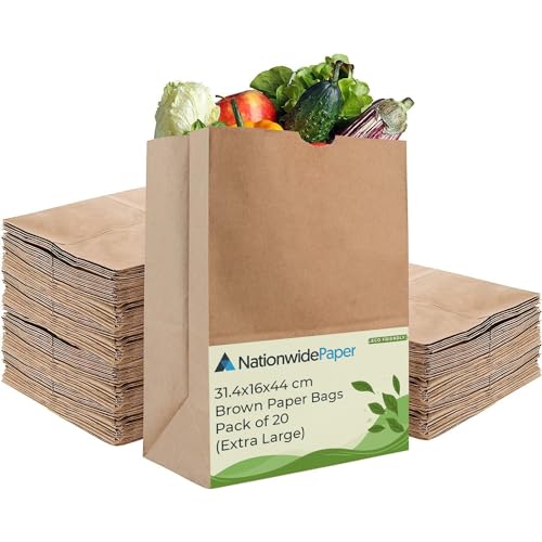 Nationwide Paper X-Large 25 Pcs Brown Paper Bags No Handles Takeaway Paper Bags for Grocery Fruits and Vegetables-31.4x16x44cm