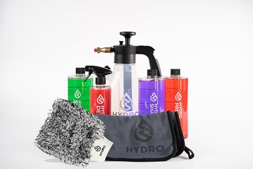HYDRO Car Cleaning Kit Essential Bundle with Pre-Wash Snow Foam Shampoo Detail Spray Drying Towel Wash Mitt Spray Bottle Professional Detailing Set