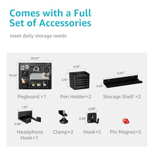 Image of PEGZONE Clamp on Desk Pegboard, 20.4 inch x 16.5 inch, with 15 Accessories, Black | Magnetic Metal Peg Board, Desk Organizer for Office Gaming Home, Privacy Panel, Large