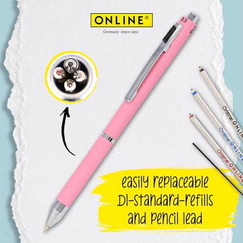 Online multipen 4-in-1 Rose | Multicolour Ballpoint Pen & Pencil | Multifunctional Metal Pen | 3 Pen Points in Blue, Black, and red, Mechanical Pencil Lead | incl. Rubber - Image 3