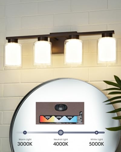 Image of kudos 4-Light Bathroom Light Fixtures, Oil Rubbed Bronze Vanity Lights with Clear Glass and Frosted Glass, Modern LED Wall Sconces for Bathroom, 3000K /4000K /5000K Adjustable, KDVL04-ORB-4