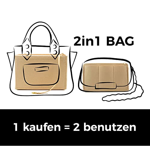 Image of Handcuffs Women Purse Organizer Insert With Zipper Pocket | Felt | Tote Bag | Organiser | Handbags | Divider | Packing Cube | Travel | Makeup | Cosmetic | Storage - Beige