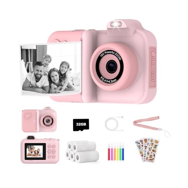 Kids Camera Instant Print,Kids Digital Camera 1080P HD Dual-Lens Selfie,Instant Print Camera with 5 Rolls Paper & 32GB Card,Toddler Camera Christmas Birthday Gifts for Girls Age 3-12(Pink)