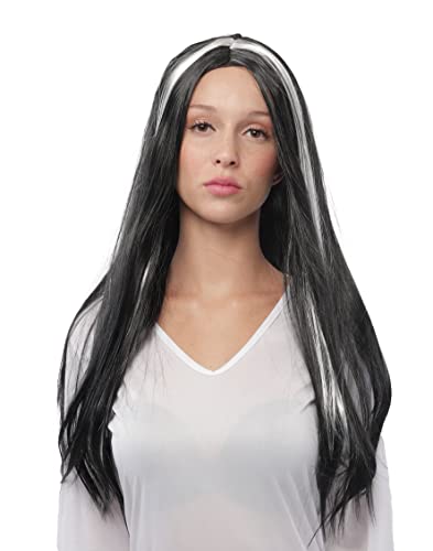Peluca de Vampiresa Diablo de Halloween para Mujer, Pelo Largo y Liso de Cosplay, Pelucas Sintéticas de Fibra resistente al Calor de Alta Temperatura (JS-129-NEGRO/BLANCO)