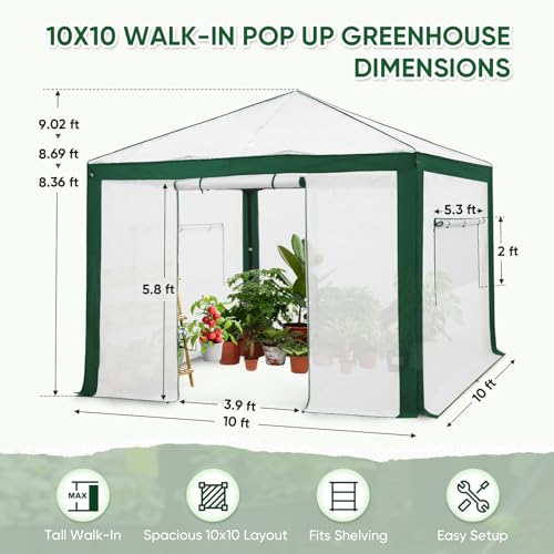 Image of EAGLE PEAK 10x10 Walk in Pop Up Greenhouse, Green /White