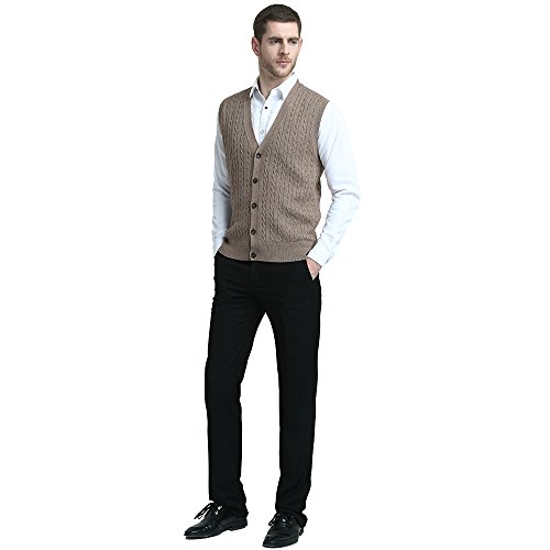 Kallspin Men's Cashmere Wool Blended Sweater Vest Cable Knit Relaxed Fit V Neck Sleeveless Knitted Button Cardigan(Coffee,Large) #TOP2