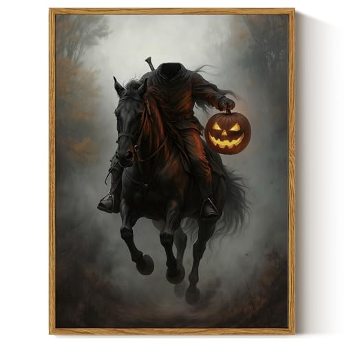 Image of ARPEOTCY Vintage Framed Canvas Wall Art, 12x16inch, Gothic Headless Horseman Wall Decor, Dark Academia Art Prints Home Decorations, Dark Moody Paintings for Living Room Bedroom Office Decor