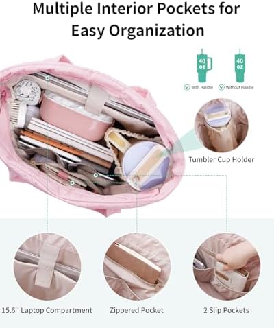 Narwey Puffer Work Tote Bag for Women, Puffy Nurse Teacher Bag with 15.6 Laptop Compartments, Quilted Shoulder Bag for Travel, College, Gym, Gifts for Women Girls (Pink) - 3