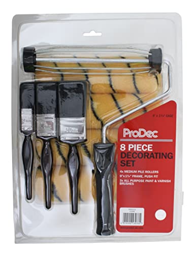 Price comparison product image ProDec 9 inch x 1.75" 8 Piece Woven Paint Roller,  Frame and Brush Set for Painting with Emulsion and Masonry Paints on Interior and Exterior Walls and Ceilings