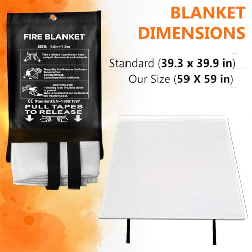 Image of SAFECASTLE Emergency Fire Blanket 59 inchx59 inch Large Size, 2 Pack Fire Retardant Blanket with Fireproof Tabs for Home, Warehouse, Outdoor, Office, Car and Camping Fire Protection Survival Safety