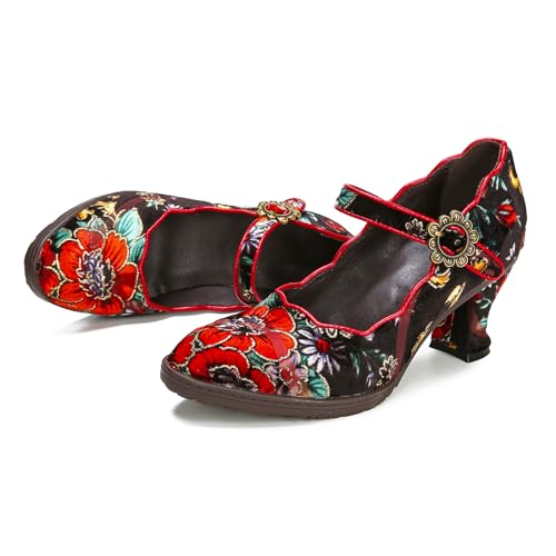 Superladystar's Handmade Cowhide Leather Women's Shoes, Pumps, Mid Heels, Retro Style, Hand Painted,Casual Style3