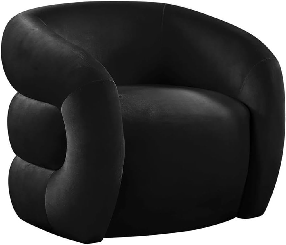 BOWERY HILL Contemporary Velvet Accent Chair, Soft Black, Deep Channel Tufted Curved Back, Chic Living Room or Bedroom Seating, Stylish Design, 76 lbs