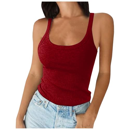 2025 - Camiseta de tirantes acanalados para mujer, tirantes de espagueti, cuello en U, corte estrecho, algodón, básico, sin mangas, con diamantes de imitación, granate, S