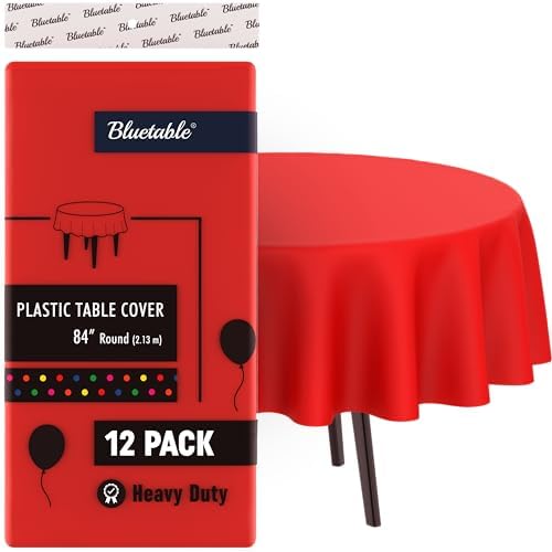 Red Round Plastic Tablecloths Disposable (12 Pack) Bulk Ultra Heavy Duty Table