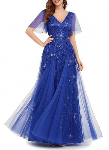 Image of Ever-Pretty Women's Sequin Formal Dresses Evening Gown Sparkly V-Neck Short Sleeve Floor Length Mother of The Bride Dress Sapphire Blue US18