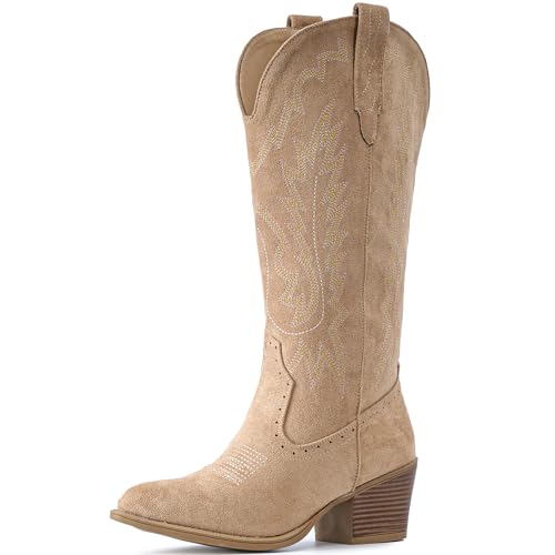 Image of IUV Suede Cowboy Boots For Women Chunky Heel Pointed Toe Cowgirl Boots