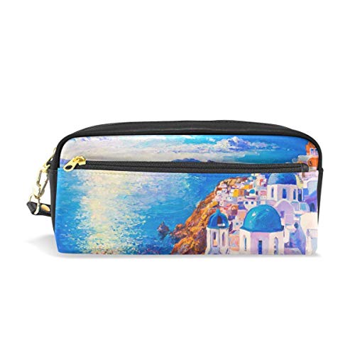 Preisvergleich Produktbild Ahdyr Bleistiftetui Art Paint Beach Santorini PU Leder Bleistiftbeutel Reißverschluss Stiftbeutelhalter Student Stationary Cosmetic Makeup Bag