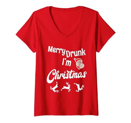 Mulher Ugly Christmas Jumper / Sweater. Merry Drunk I'm Christmas t-shirt com decote em V, Rede, S