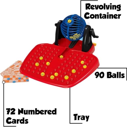 Image of Roller Housie Game Set with Revolving Container, 90 Numbered Balls, 48 Reusable Numbered Cards & Large Number Tray | Complete Family Entertainment Tambola Lotto Game | No Pins or Pens Required