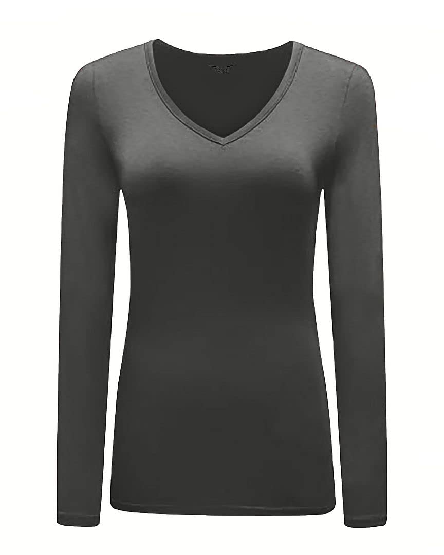 KATSSI Women’s Ladies Long Sleeve Stretch Plain V Neck T Shirt Top Charcoal