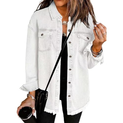 Womens Denim Jacket Oversized Boyfriend Button Down Jacket Ripped Frayed Hem Shacket Distressed Jean Jacket Coat