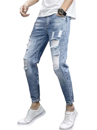 Men's Vintage Ripped Jeans Slim Distressed Stretch Cotton Ankle Length Denim Pants