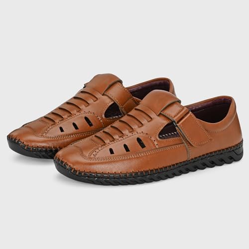 Image of Centrino Men's Fisherman Sandals | Closed Toe Leather Casual Sandal with Velcro Strap | Comfortable Casual Footwear Walking & Office Travel (9576)