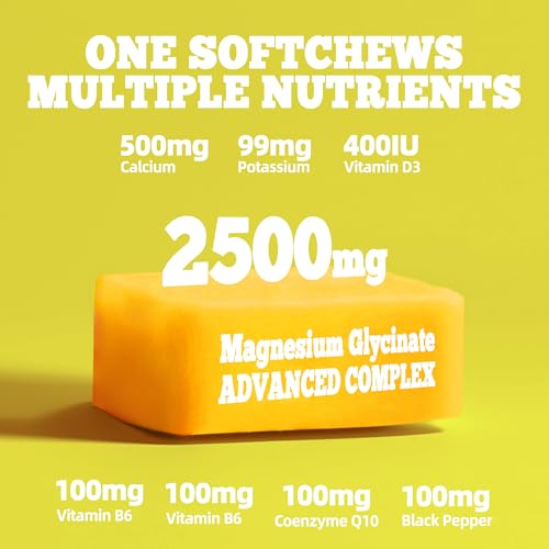 Image of Magnesium Glycinate Soft Chews, Pineapple Flavor.Chewable Sugar Free Potassium Magnesium Chews with Magnesium Glycinate, Vitamin D, B6, and CoQ10 for Calm Support & Sleep for Adults, 60 Days Supply