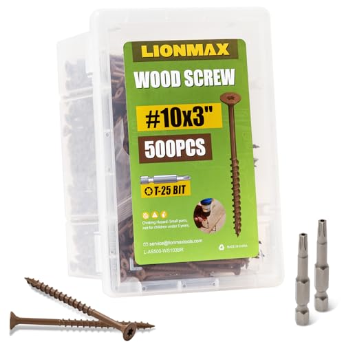 Image of LIONMAX Wood Screws 3 Inch, Deck Screws #10 x 3, 500 PCS, Rust Resistant, Epoxy Coated, Exterior Wood Screw, Outdoor Decking Screws, Torx /Star Drive Head, T25 Star Bit Included, Brown