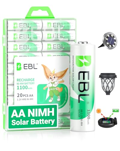 EBL 1100mAh Solar AA Batteries for Outdoor Solar Lights Garden Lights Household Devices, Pre Charged AA Rechargeable Batteries 1.2V High Performance (Pack of 20)