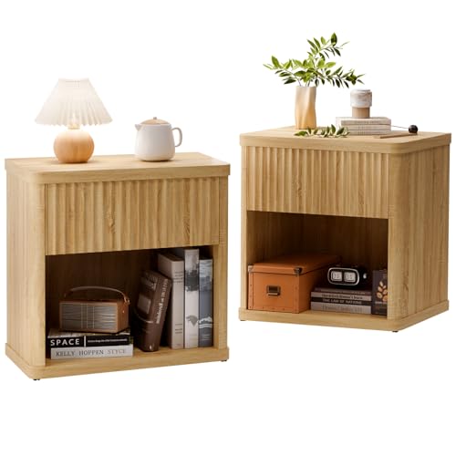 Image of Fluted Night Stand Set 2, Large Wood Bedside Table Set of 2 with Drawer and Storage Shelf for Bedroom, Small Spaces