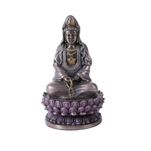 3.4 Inch Hand Painted Resin Small Sitting Lotus Kuan Yin Statue, Bronze