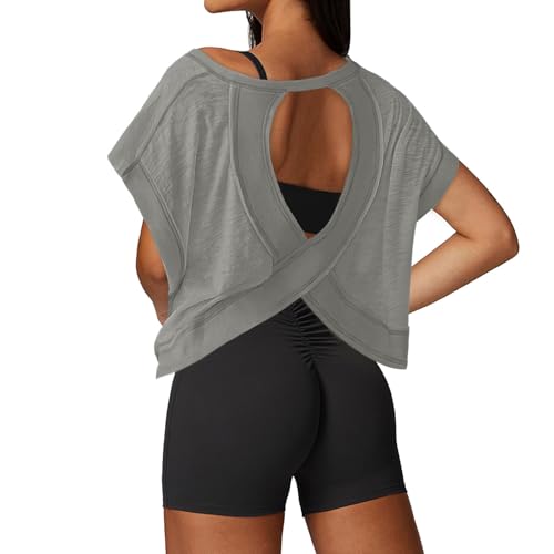 Image of UNIANKIYA Open Back Workout Tops for Women Loose Fit Athletic Crop Tee Short Sleeve Gym Running Yoga Shirt